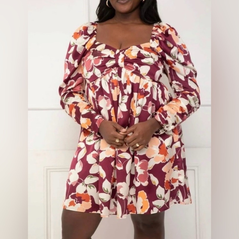 Eloquii Elements Floral Mini Dress Bow Bodice Puff Long Sleeve Size 16 NWT